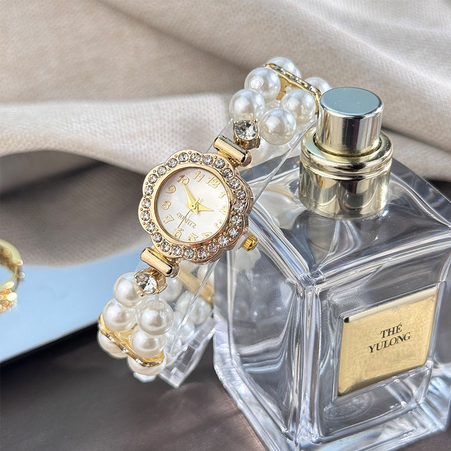 Double-row Imitation Elastic Watch for Women, Light Luxury Flower Zirconia Watch, Bracelet Watch for Women, Hand Watch for Women, Formal Wristwatch, Women'S Watch, Floral Design, Elegant Bracelet, Alloy Case, Quartz Movement,
