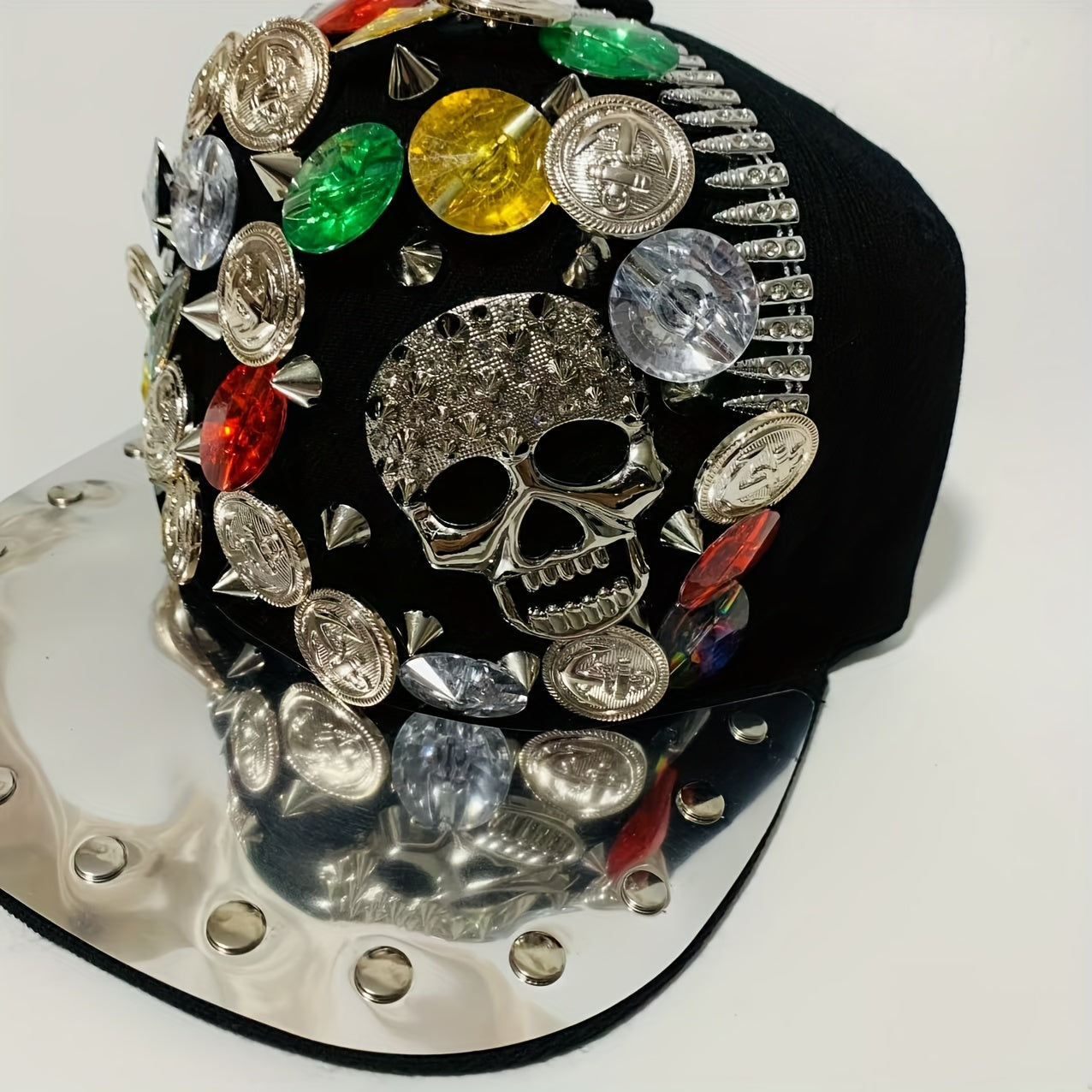 Handcrafted Rivet Studded Fashion Baseball Cap - Lightweight Polyester, Casual Street Style with Colorful Gemstones and Skull Motif for Dance and Performance