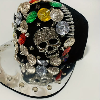 Handcrafted Rivet Studded Fashion Baseball Cap - Lightweight Polyester, Casual Street Style with Colorful Gemstones and Skull Motif for Dance and Performance