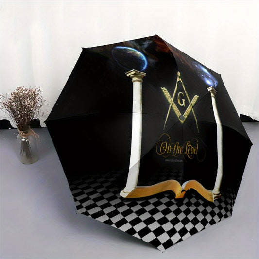 Masonic Symbolism Umbrella - Cute Cartoon Masonic Emblem Foldable Umbrella with Durable Iron Frame, 8-Rib Structure, Automatic Open, All-Season Multi-Functional for Home, Travel & Outdoor Use, Stylish Black & Golden Design, O