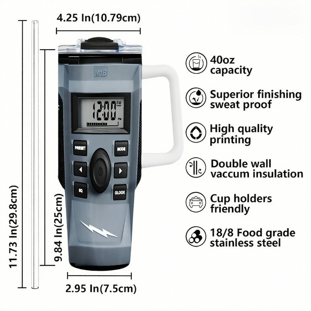 40Oz Radio Car Cup in Grey Style - A One-Of-A-Kind Drinking Tool! It Includes a Radio/Clock Display, a Robust Handle, And a Sipping Lid. Perfect for Radio Fans And Collectors. The Double-Layer Insulation Keeps Drinks Hot Or C