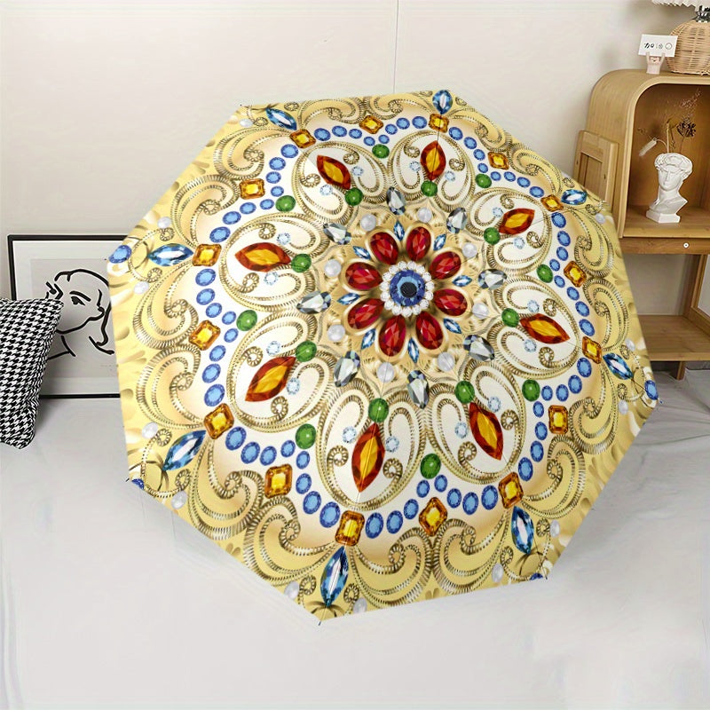 Automatic Open/Close Umbrella with Floral Pattern - Elegant Golden, Blue, Red, Green, White, Black, - Compact Folding Design, All-Season Portable Umbrella for Women & Men, Ideal Gift for Birthdays, Anniversaries, Travel - Aut