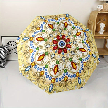 Automatic Open/Close Umbrella with Floral Pattern - Elegant Golden, Blue, Red, Green, White, Black, - Compact Folding Design, All-Season Portable Umbrella for Women & Men, Ideal Gift for Birthdays, Anniversaries, Travel - Aut