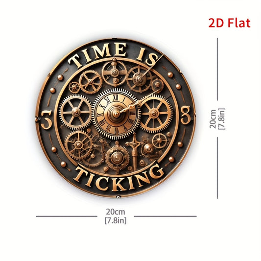 [2D Flat] 1pc Vintage-Inspired 8x8" Time Is Ticking Wall Clock with Gear Design - Rustic Iron Decor for Home, Office, or Study, Ideal Gift for History Enthusiasts and Vintage Style Lovers, Vintage Wall Clock | Vintage Wall De