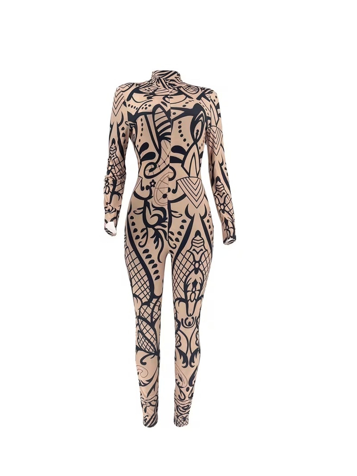 Plus Size, Fashion Women's Clothing | Women's Zip - Up Jumpsuit Set | Light Base with Black Line Patterns | Long Sleeve Full - Zip Design | Slim Fit | Suitable for Multiple Daily Casual Occasions