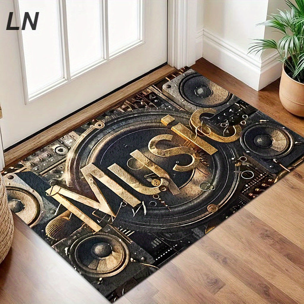 Stylish Music Decor - Music-Themed DJ-Inspired - Large Rectangular Mat with Sound Wave & Speaker Design - Heavyweight 850gsm Mat - 5mm Thick Non-Slip Backing - Machine Washable - Black & Golden Music Note Floor Mat - For Livi