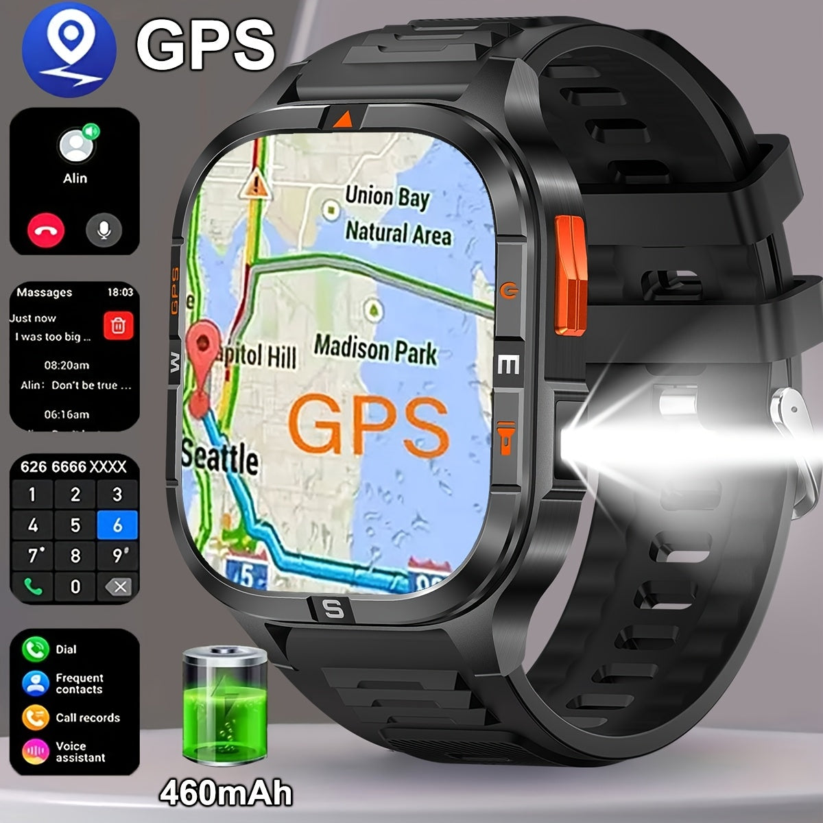 Coiusor new dual band GPS 2.01 "Men's and Women's sports smartwatch, equipped with LED flashlight, wireless call, sync information with mobile phone, with dual band GPS, compass, outdoor sports, waterproof, compatible with iP