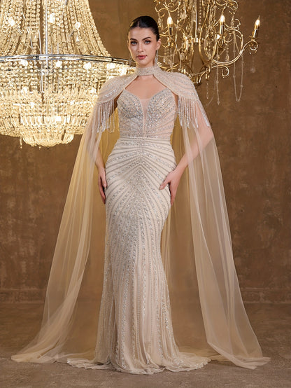Sequined Lace Fringe Off-shoulder Bustier Elegant Sexy Mermaid Evening Gown
