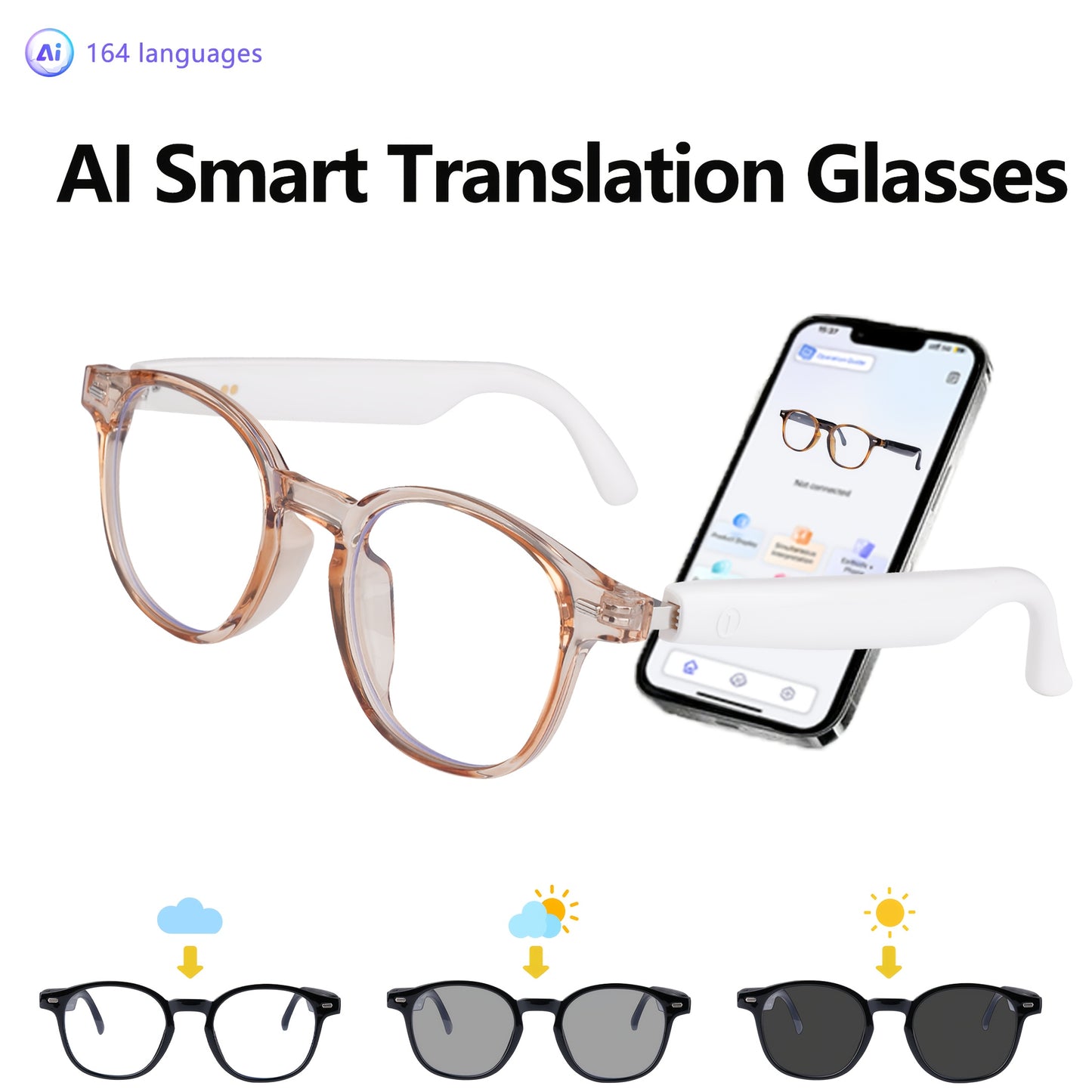 AI Smart Translation Glasses, Supporting 164 Languages, Polarized Lenses, Built-in Microphone Speaker, AI Voice Assistant, Compatible With IOS/Android, Suitable For Both Men And Women, Halloween Gifts