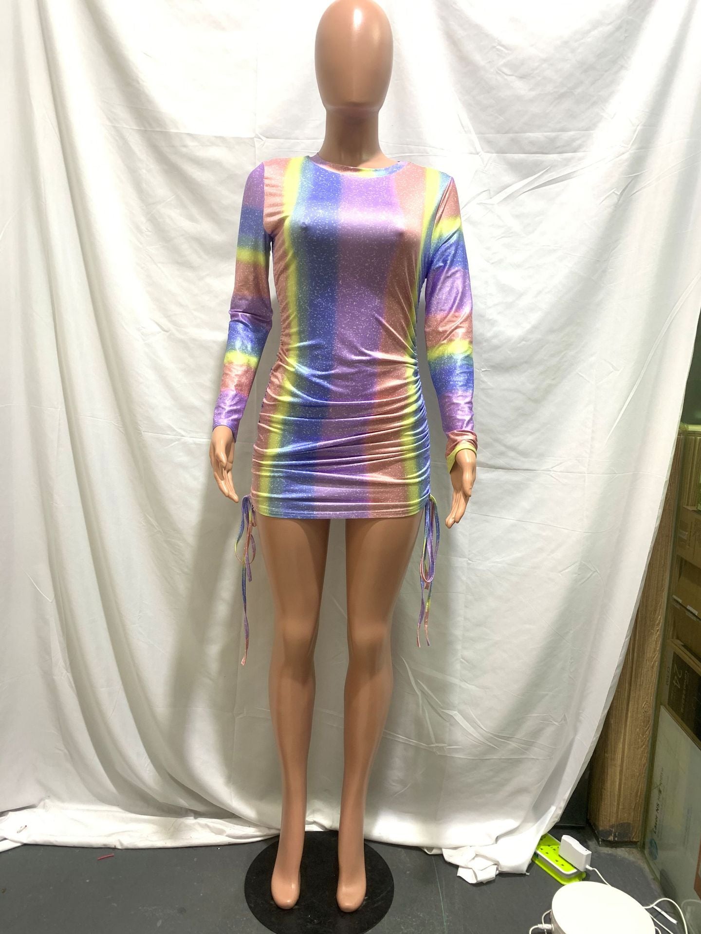 Women'S Sexy Gradient mini dress - Long Sleeve Party & Everyday Outfit, Pastel Pink to Blue Purple Ombre, Drawstring Waist Casual Chic Formal Dress for Women, Versatile Fashion, Trendy Outfit, Comfortable Fit, Fashion Lovers