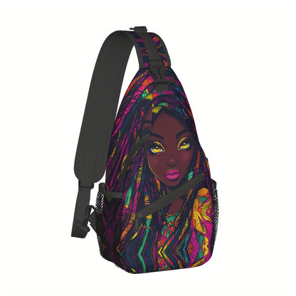 Women's African Print Crossbody Bag - Large Capacity Chest Bag with Zipper Closure, Bold African Woman Portrait in Purple, Blue, Yellow, Green, Red - Durable Gym, Travel, Everyday Bag for Women - Easy-Care Hand Washable Desig