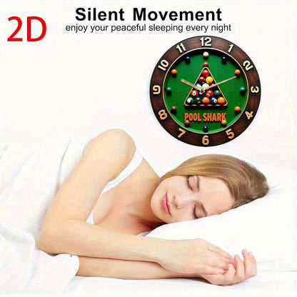 1pc Pool Shark Billiards-Themed Wall Clock - Silent Non-Ticking Quartz Movement, Modern Pool Table Decor with Green Background - Acrylic Game Room, Home, or Office Decoration - Battery-Powered (AA Not Included) - Perfect Gift