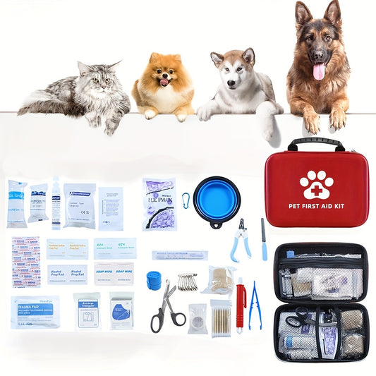 101pcs Pet First Aid Kit for Cats & Dogs - Portable Essentials with Scissors, Tweezers, Gauze Pads, Thermometer, Eye & Ear Cleaner, Care, CPR Guide, Poisonous Plants List, Emergency Numbers - Red Case for On-the-Go Pet Owners
