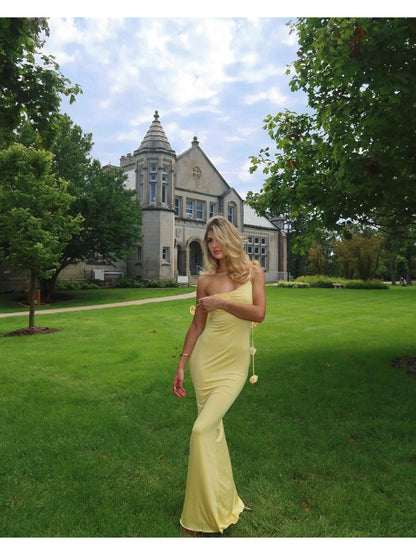Women's Elegant Backless Evening Gown with 3D Flower Strap - Long Formal Wedding Dress, Prom Dress, Party Dress - Solid Color Round Neck All-Season Hand Washable Dress for Special Occasions