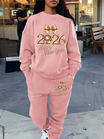 Women'S Casual Crew Neck Sweatshirt & Pants Set - Cozy Fleece-Lined Two-Piece Outfit with "Happy New Year" Print, Perfect for Fall/Winter, Casual Wear, |playful Print|fleece Lined Pants, Sweater Pants