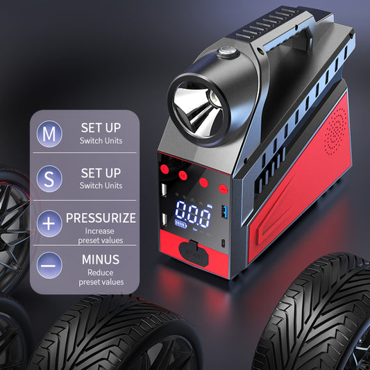 5-in-1 Portable Battery Starter with 6000A Peak Current, 800 Lumens LED Light, 150PSI Tire Inflator - USB Charging, Rechargeable Lithium Polymer Battery, Ideal for 2.38gal Gasoline or 2.11gal Diesel Engines, Emergency Vehicle