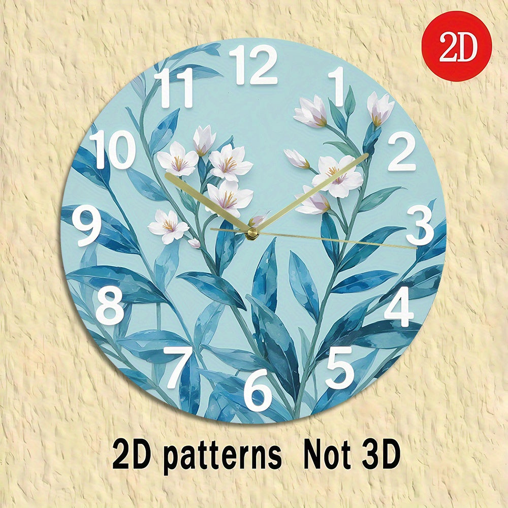 Modern Large Face Wall Clock with Pastel Green-Blue Leaf & Golden Hands - Large Black Numerals, Round Silent Non-Ticking Battery-Powered (No AA Batteries Included) - Large White Face for Living Room, Bedroom,,, 2D Flat
