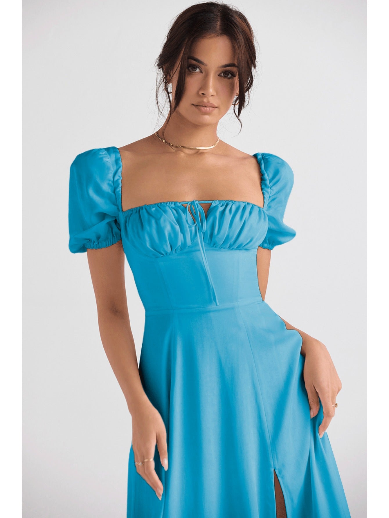 Elegant Puff Sleeve Tie-Waist Dress | High Waist Design, Off the Shoulder, Solid Color, Flared Hem, Midi Length for Spring/Summer Fashion
