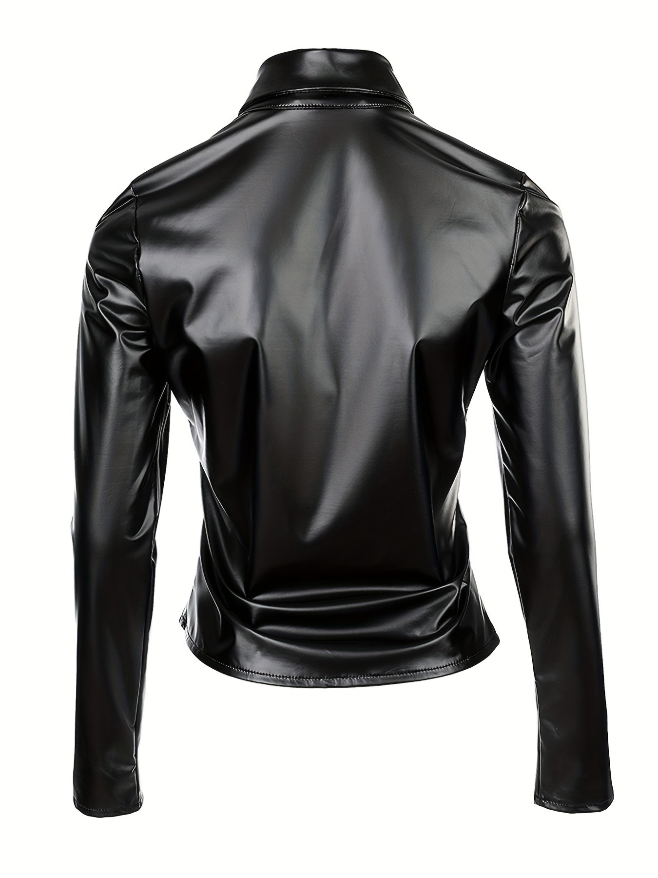 Solid PU Blouse, Sexy Slim Button Front Long Sleeve Collar Blouse, Women's Clothing