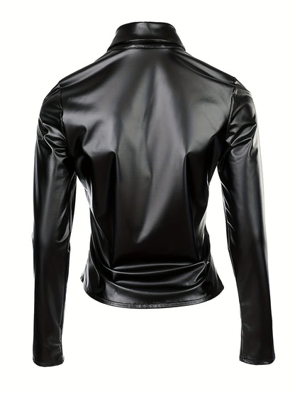 Solid PU Blouse, Sexy Slim Button Front Long Sleeve Collar Blouse, Women's Clothing