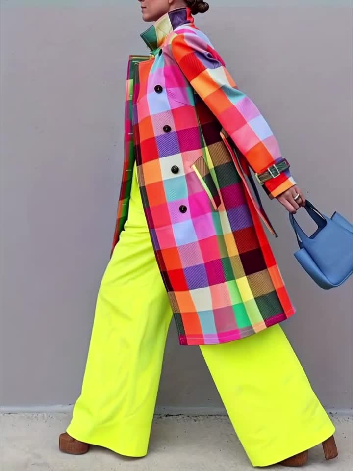 Colorful Plaid Print - Directional Durable Construction - Women's Raincoat with Belt - Elegant Long-Sleeved Jacket with Front Ties - Machine Washable Polyester - Bright Plaid Design - Perfect for Casual Fashionable Outfits