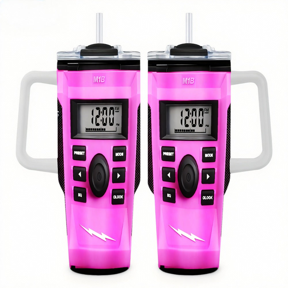 40Oz Pink Style Radio Car Mug - Distinctive Drinkware! It Includes a Radio/Clock Display, a Robust Handle, And a Sipping Lid. Perfect for Radio Fans And Collectors. Designed with Double-Layer Insulation to Keep Drinks Hot Or