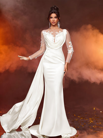Elegant Long Ladies' Gown with Lace Detail | Solid Color, Contrast Mesh, Long Sleeve, Gown Hem, Ideal for Christmas, Birthday, Graduation, Travel