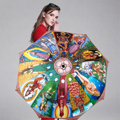 Automatic Folding Umbrella with Greek/Roman/Romanesque Mythology Panels - 8-Rib Compact Collapsible Design, Auto-Open/Close, Greek Goddess & Roman God Art (Poseidon, Athena, Zeus) - Portable Umbrella for &, Cultural Gift Idea