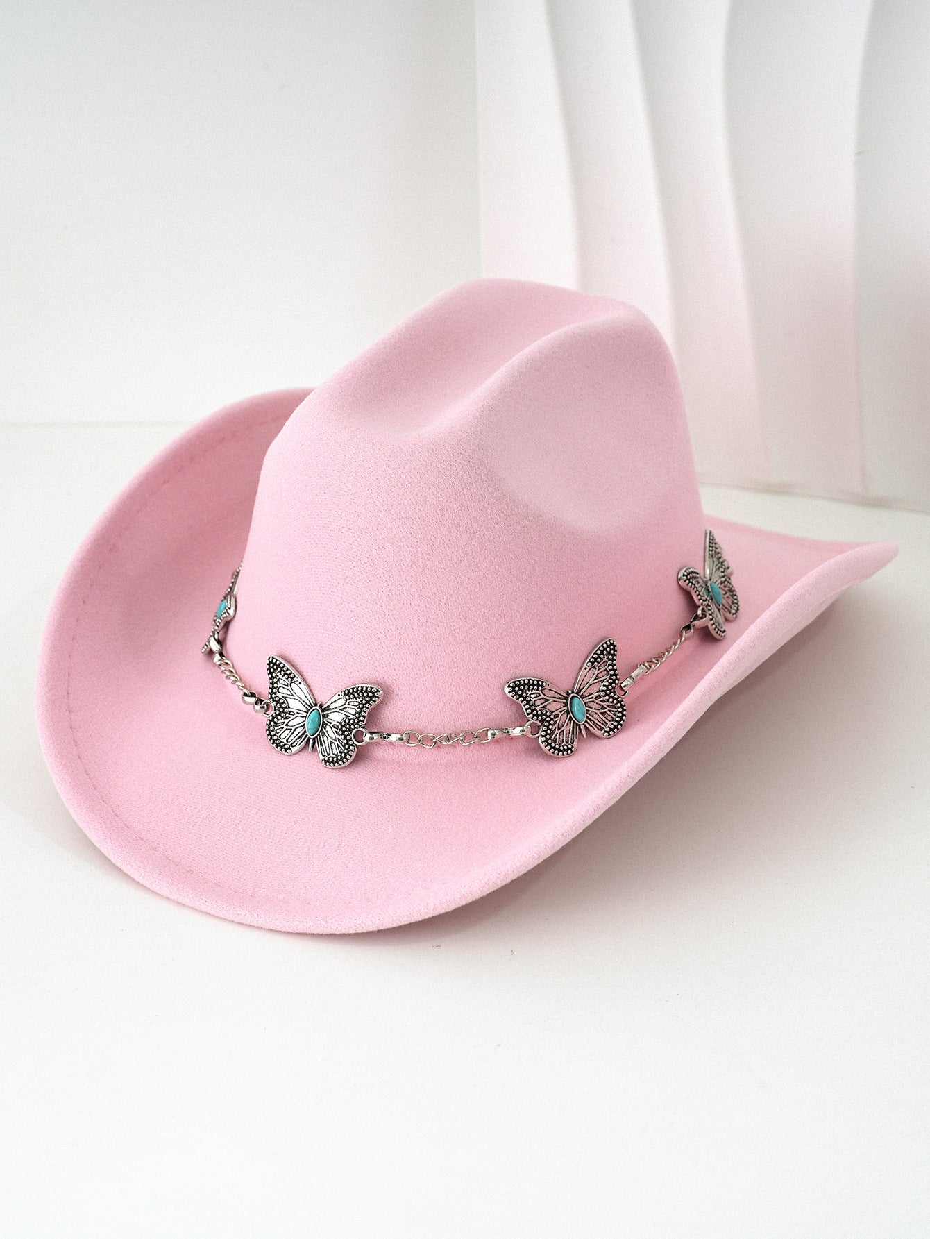 Women'S Bohemian Turquoise & White Cowboy Hat - Felt Wide Brim Sun Hat with Butterfly Metal Chain Accent, Non-Stretch Formal & Western Style for Christmas, Festivals, Casual Attire - Hand Washable Elegant Felt Cowboy Cap, Cow