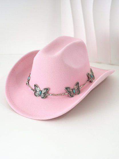Women'S Bohemian Turquoise & White Cowboy Hat - Felt Wide Brim Sun Hat with Butterfly Metal Chain Accent, Non-Stretch Formal & Western Style for Christmas, Festivals, Casual Attire - Hand Washable Elegant Felt Cowboy Cap, Cow