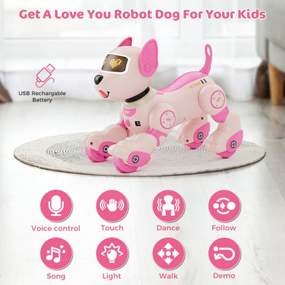 VATOS Interactive Robot Dog Toy with Voice Control & Remote, Smart Robotic Puppy with Touch Sensors, 20+ Responses, Programmable Moves, USB- Interactive Learning Toy with Expressive Eyes & Bark, for Boys & Girls Ages 3+ (Pink