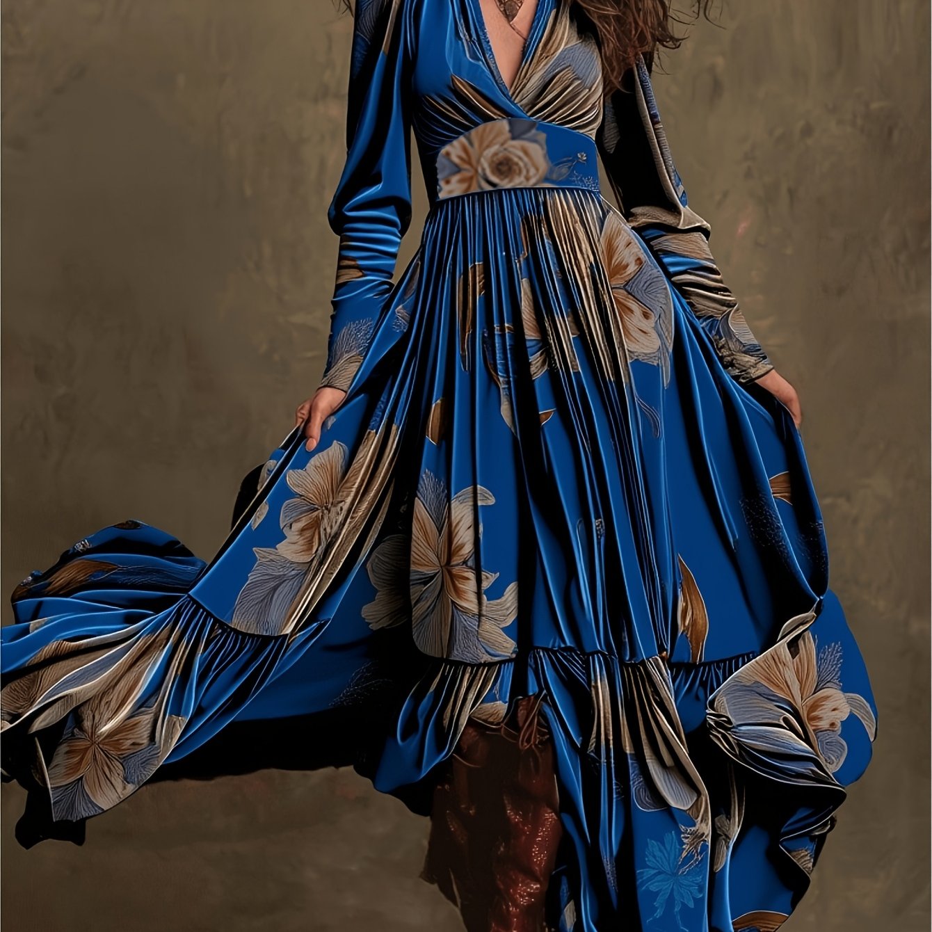 [Elegant V-Neck Maxi] Royal Blue Floral Waist-Tie Maxi Dress for Women | Retro Bohemian Style, Elegant V-neck, Perfect for Fall/Winter, Suitable for Vacation Outfits, Party Looks, and Light Occasion Ensembles