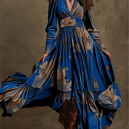 [Elegant V-Neck Maxi] Royal Blue Floral Waist-Tie Maxi Dress for Women | Retro Bohemian Style, Elegant V-neck, Perfect for Fall/Winter, Suitable for Vacation Outfits, Party Looks, and Light Occasion Ensembles