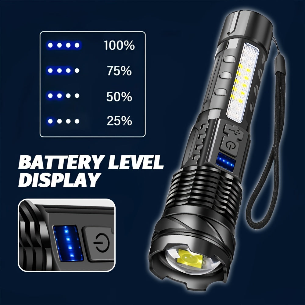 1/2/4pcs Multifunctional Flashlight High-Power LED Flashlight with COB Red/Blue Warning Side Light - Rechargeable Zoomable Long Distance Fishing Camping Light Many Mode