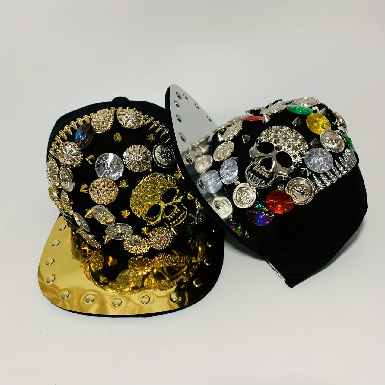 Handcrafted Rivet Studded Fashion Baseball Cap - Lightweight Polyester, Casual Street Style with Colorful Gemstones and Skull Motif for Dance and Performance