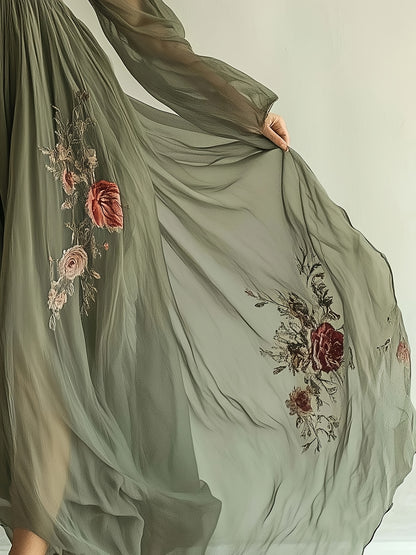 A Romantic Dress Featuring a Long Skirt with a Mesh Print in a Stylish And Elegant Bohemian Design.