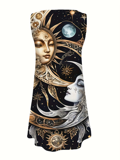 Women's Black & Golden Celestial Dresses - Sleeveless Party & Formal Outfits with Sun/Moon/Stars Print, Machine Washable Opaque Fabric Midi Dress for Everyday & Special Events, Dresses for Party, Versatile Fashion, Sophistica