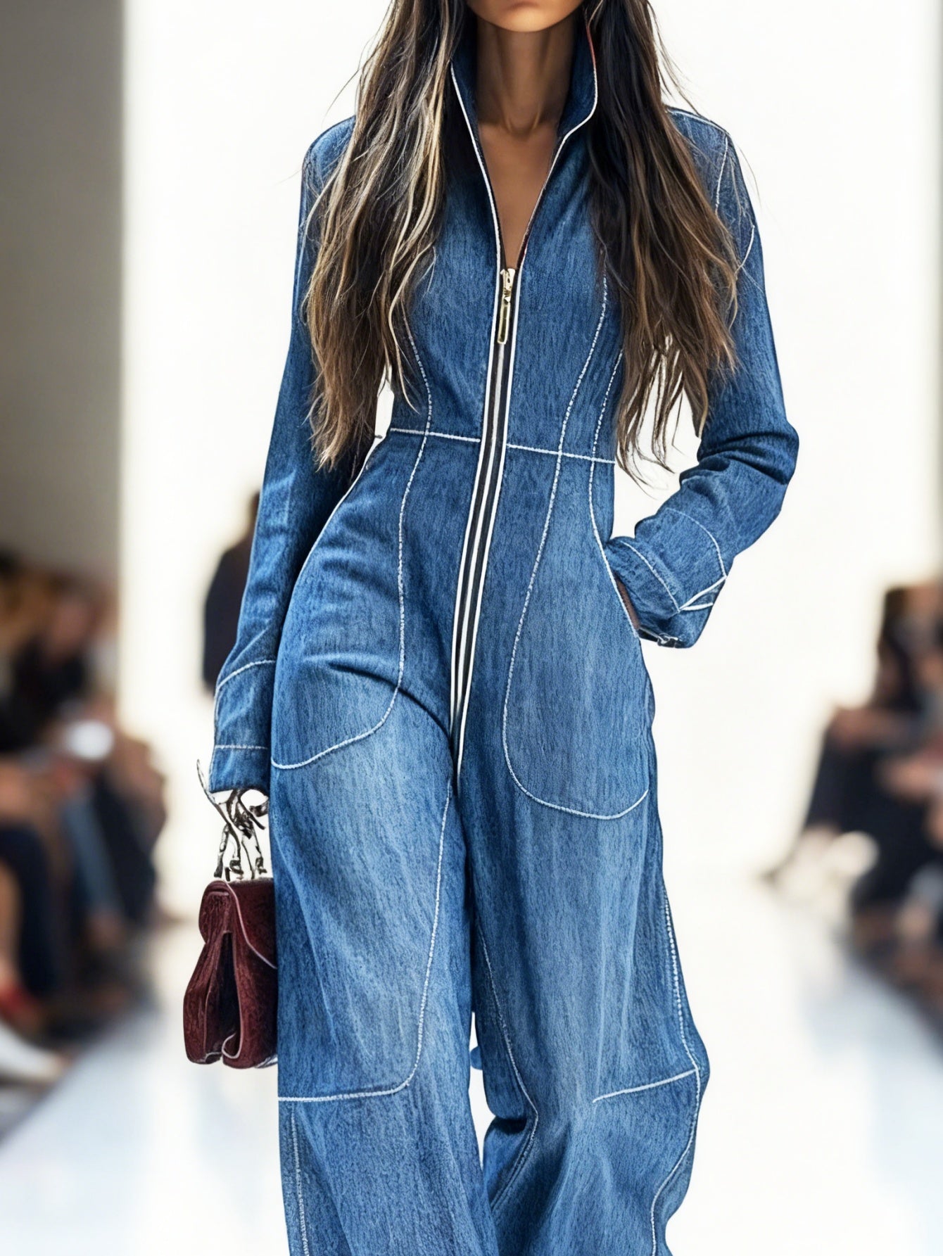 Bohemian-style Casual Retro Printed Women'S Long-sleeved Stand-up Collar Jumpsuits | With Zipper Double Pockets, Perfect for Spring/Fall, SCACTO Brand