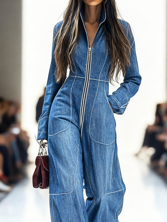 Bohemian-style Casual Retro Printed Women'S Long-sleeved Stand-up Collar Jumpsuits | With Zipper Double Pockets, Perfect for Spring/Fall, SCACTO Brand