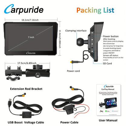 Carpuride W702 Wireless Carplay & Android Auto Screen for Motorcycle, 7 Inch IPS Touch Screen, Dual B-T, Built-in EQ, Car GPS, Voice Control, Siri, G00gle Assistant, IP67 Waterproofing, Navigation GPS, Easy to Install,