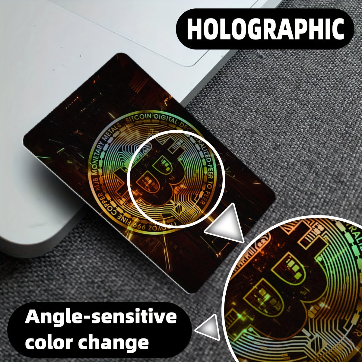 2pcs Bitcoin Pattern Laser-Cut Cool Light Effect Stickers - Anti-Theft Privacy Protection Card Skins for Credit/Transaction/Access Cards, Gift (4.96x3.78inch)