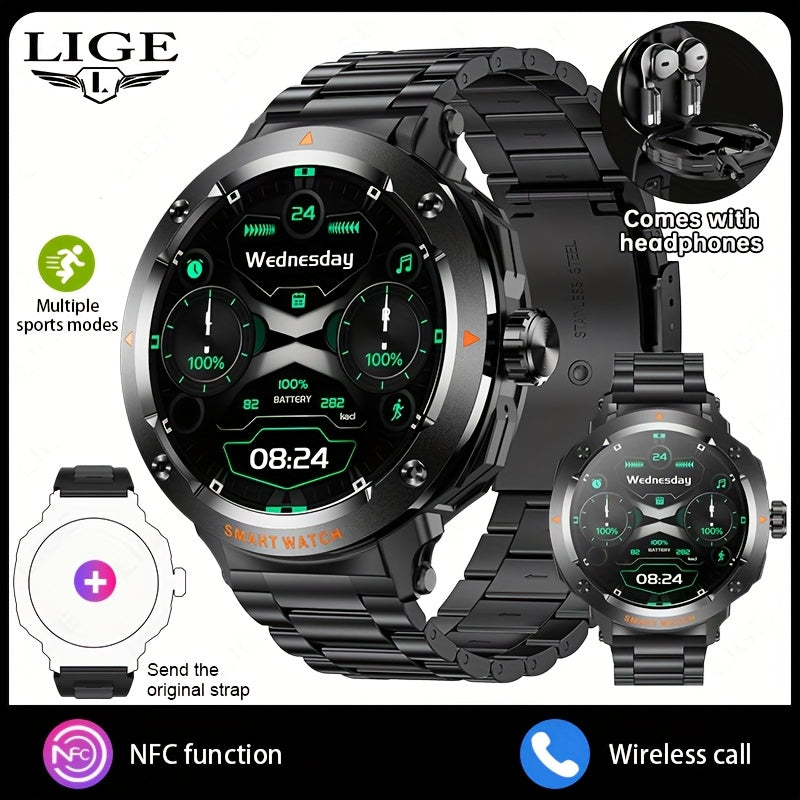 LIGE New Smartwatch with 2-in-1 Wireless Earbuds, NFC Access Card Function, Full Touch Control, - 1.46''TFT Screen, Fitness Tracker, Music Playback, Sleep Monitor, Weather Updates, Information Storage, Multiple Sports Modes,