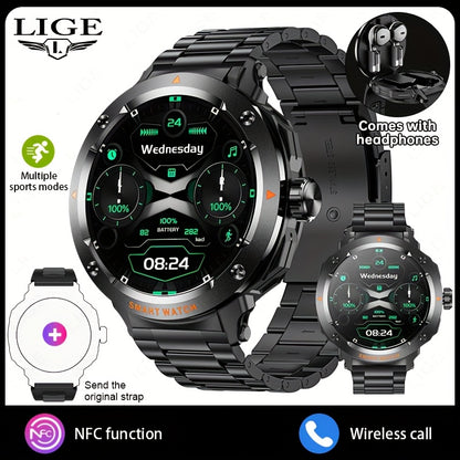 LIGE New Smartwatch with 2-in-1 Wireless Earbuds, NFC Access Card Function, Full Touch Control, - 1.46''TFT Screen, Fitness Tracker, Music Playback, Sleep Monitor, Weather Updates, Information Storage, Multiple Sports Modes,