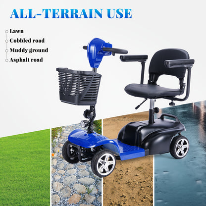 This 4-wheel Electric Mobility Scooter, Designed for Seniors And Individuals with Disabilities, Features A 350W Motor, 12.5Ah 6 Mph Top Speed, 15-mile Range, 360° Rotating Seat, LED Headlights, Detachable Shopping Basket, An