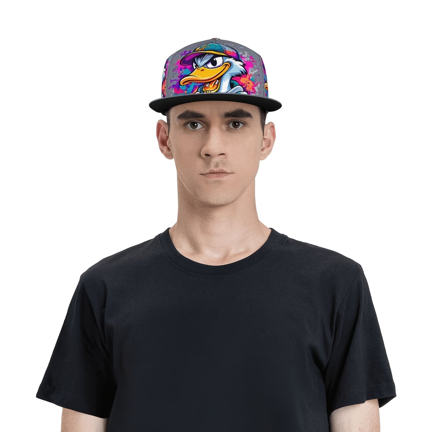Unisex Adjustable Snapback Baseball Cap - Vibrant Graffiti Cartoon Duck Street Art Design, Lightweight 100% Polyester, Machine Washable, Flat Brim Trucker Hat for Men & Women, Perfect Gift for Father's Day, Mother's Day, Beac