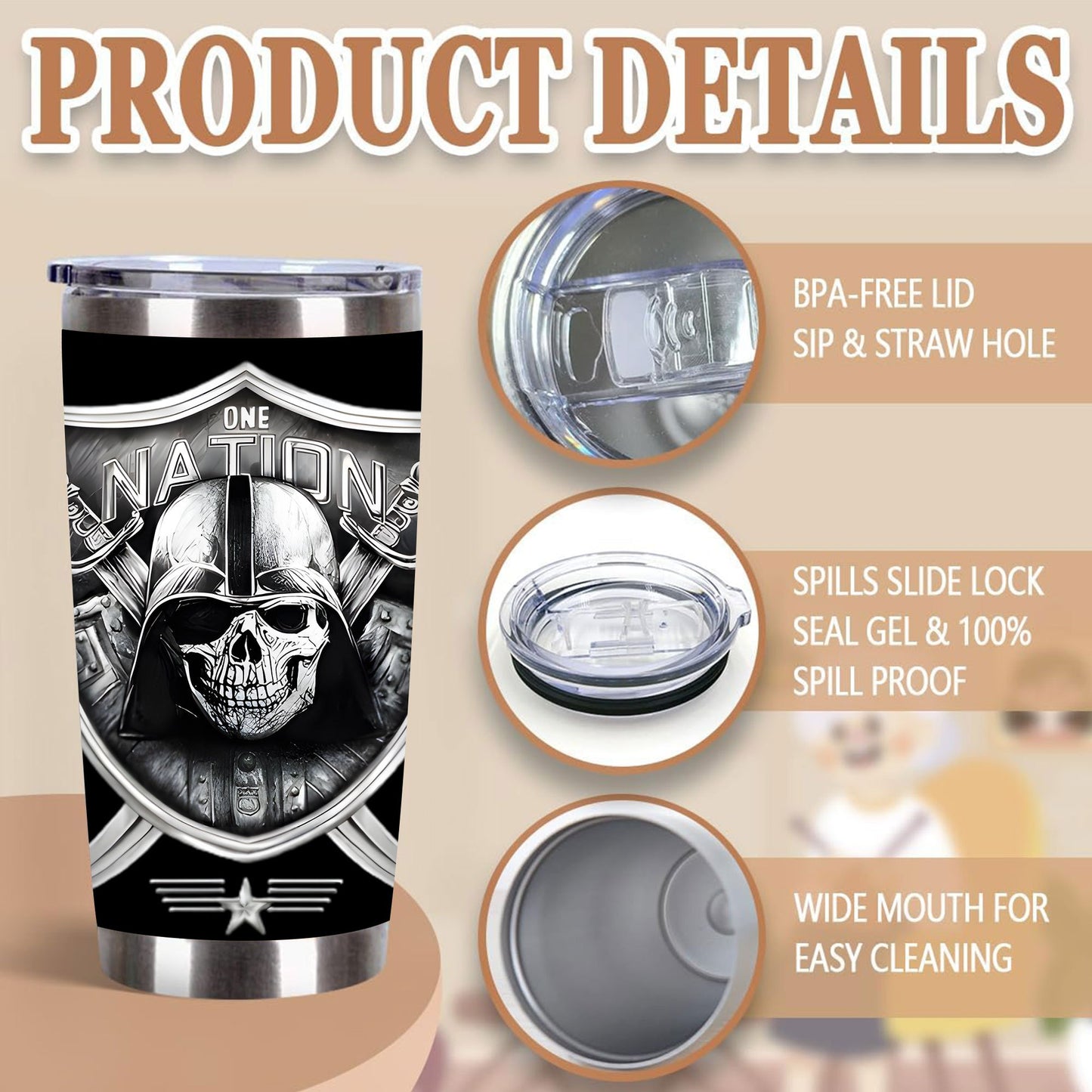 1pc 20oz One Nation Skull Tumbler, Double Wall Vacuum Insulated Travel Mug, Spill Proof Lid, Perfect Gift for Dad, Mom, Ideal for Christmas, Thanksgiving, Valentine's, Mother's, Father's Day, Gift for birthday, Coffee Cup