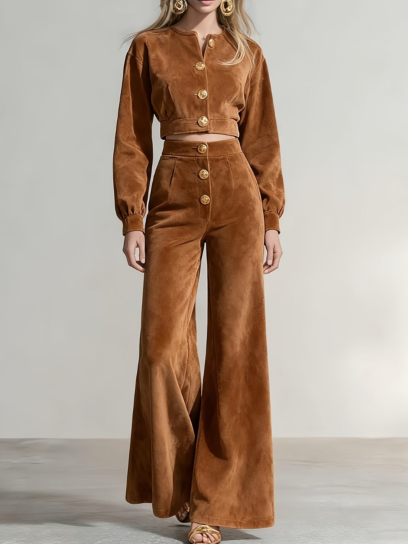 Two-Piece Ensemble: A Cropped Top in Caramel-Hued Corduroy with Metal Buttons Paired with Bell-Bottom Trousers | A Retro-Modern Design for Women, Ideal for Daily Wear, Social Gatherings, And Autumn/Winter Attire