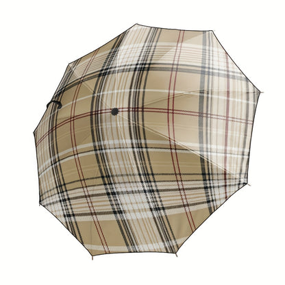 1pc Automatic Open/Close Blocking Umbrella with One-Touch Button, Beige Plaid Checkered Canopy, 10-Rib-like (8-Rib) Frame, Windproof & Portable Compact Travel Umbrella for s, Hiking, Beach, Commuting,  or