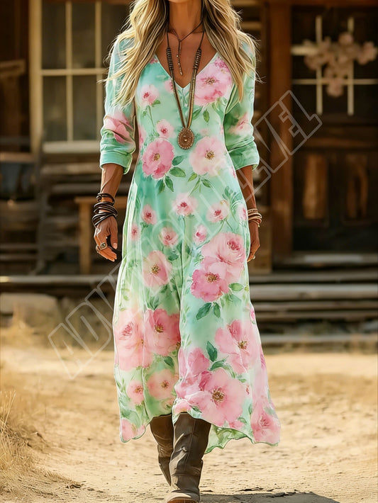 Floral Print Dress for Women in Country Style - Vintage V-Neck Dress for Spring/Summer, Bohemian Ethnic Design, Trendy Casual Women'S Outfit, Evening Dress for Hawaiian Parties, Perfect for Daily Vacation Use - Washable in Ma