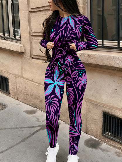 Autumn Women'S Trendy Printed Jumpsuit | Casual Fashionable Sexy Long Sleeved Tight Fitting Jumpsuit with Geometric Pattern and Crew Neck